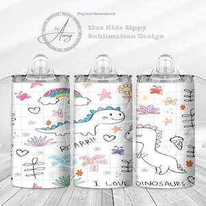 Dinosauro per bambini disegno 12 once Sippy Cup sublimazione disegni Download digitale 12 once Tumbler Wrap PNG, simpatico Sippy Cup Wrap, bottiglia d'acqua per bambini