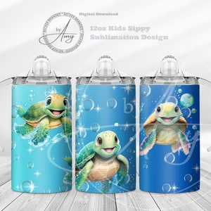 Kid&#39;s Sea Turtles 12oz Skinny Straight Tumbler Sublimation Designs Digital Download Tumbler Wrap PNG, JPG, Cute Sippy Cup, Kids Water Bottle