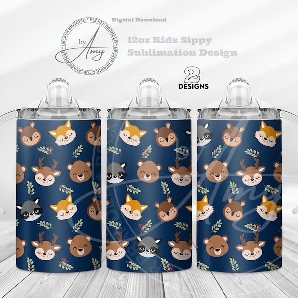 Kid's Woodland Animals 12oz Sippy Cup Sublimation Designs, Digital Download, 12oz Kids Tumbler Wrap PNG, Cute Sippy Cup, Kids Water Bottle