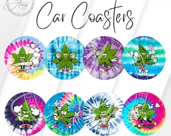 Grappige marihuanablad auto Coaster bundel, sublimatie ontwerpen, PNG digitaal bestand direct downloaden, afdrukbare afbeelding, auto Coaster PDF-sjabloon