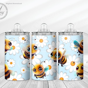 May include: Three stainless steel tumblers with a clear lid and handle. Each tumbler features a blue background with white daisies and a cartoon bee with yellow and black stripes.