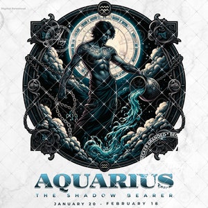 Aquarius Zodiac Signs Celestial PNG T-Shirt Design, Dark Fantasy Astrology Sublimation Designs, Moon Phase Instant Digital Download PNG