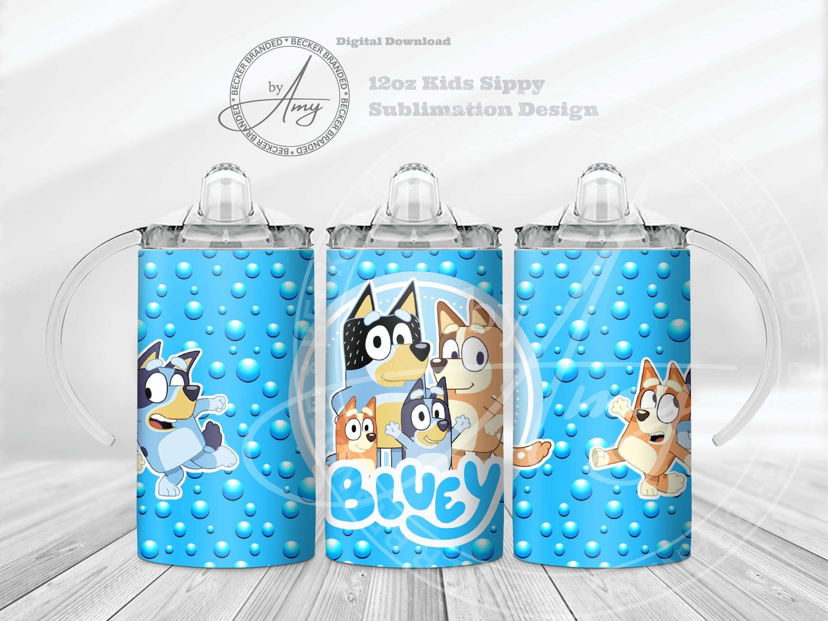 Bluey water bottle, sippy cup, sandwich and snack container