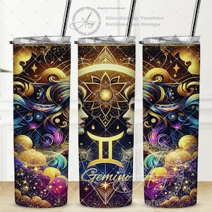 Puede incluir: Un diseño de sublimación para vaso skinny de 20 oz con una ilustración colorida del signo zodiacal Géminis sobre un fondo estrellado. El diseño incluye la palabra "Géminis" y una imagen estilizada de la constelación.