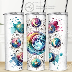Celestial Zodiac Moon Phases Witchy Vibes 20oz Skinny Straight Tumbler Wrap, Sublimation Tumbler Wrap, Instant Digital Download PNG