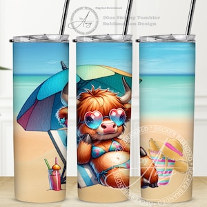 Highland Cow At The Beach 20oz Skinny Straight Sublimation Tumbler Wrap, Natychmiastowe pobranie cyfrowe, Tropical Vacation Vibes Tumbler PNG