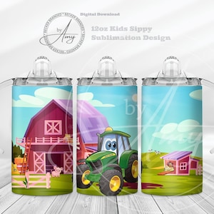 Trattore agricolo per bambini Disegni di sublimazione della tazza Sippy da 12 once, Download digitale, Involucro del bicchiere da 12 once, PNG, JPG, Involucro della tazza Sippy carino, Bottiglia d'acqua per bambini