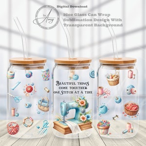 Sewing Vibes 16oz Libbey Glass Can Tumbler Sublimation Design, Instant Digital Download Transparent PNG, Crafting Glass Jar Tumbler Wrap