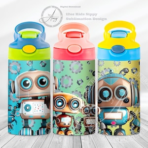 Kid&#39;s Cute Robot 12oz Sippy Cup Sublimation Designs, Digital Download, 12oz Tumbler Wrap PNG, Cute Sippy Cup Wrap, Kids Water Bottle