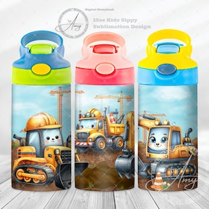 Diseños de sublimación para vasos para beber de 12 oz con diseño de vehículos de construcción para niños, descarga digital instantánea, botella de agua con tapa abatible