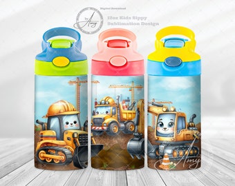 Kid's Construction Vehicles 12oz Sippy Cup Tumbler Wrap Sublimation Designs, Instant Digital Download, Flip Top Sippy Water Bottle