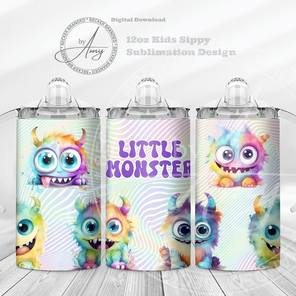 Kid's Little Monster 12oz Skinny Straight Tumbler Sublimation Designs Digital Download Tumbler Wrap PNG JPG Cute Sippy Cup Kids Water Bottle
