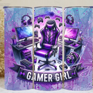May include: A purple and black Gamer Girl tumbler featuring a gaming setup illustration. The design includes a gaming chair, computer, headphones, and the words "Gamer Girl" on a banner. The background has a watercolor effect.
