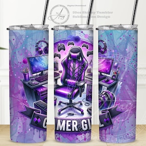 May include: A 20oz skinny tumbler with a gamer girl design. The tumbler features a purple and blue watercolor background with gaming elements like a chair, computer, headphones, and controllers. The words "Gamer Girl" are displayed on a banner.