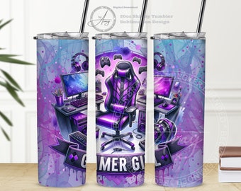 Copo para videogame | Girl Gamer 20 onças Skinny Straight Sublimation Designs | Download digital instantâneo PNG | Envoltório de copo para jogador de videogame