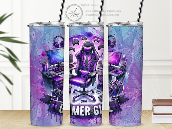 Video Gaming Tumbler | Girl Gamer 20 oz Skinny Straight Sublimation Designs | Instant Digital Download PNG | Video Game Player Tumbler Wrap