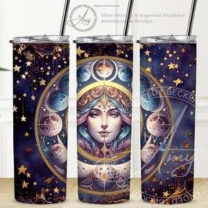 Zodiac Celestial Moon Phases Witchy Vibes 20oz Skinny Straight Tumbler Wrap Sublimation Design, Instant Digital Download PNG