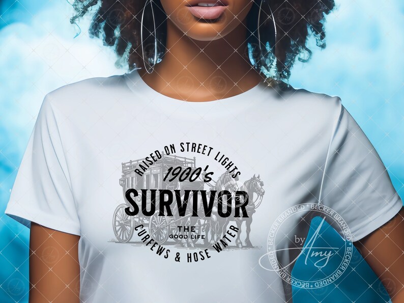 May include: White t-shirt with a black and gray graphic design featuring a horse-drawn carriage and the text "Raised on Street Lights 1900's Survivor Curfews & Hose Water The Good Life".
