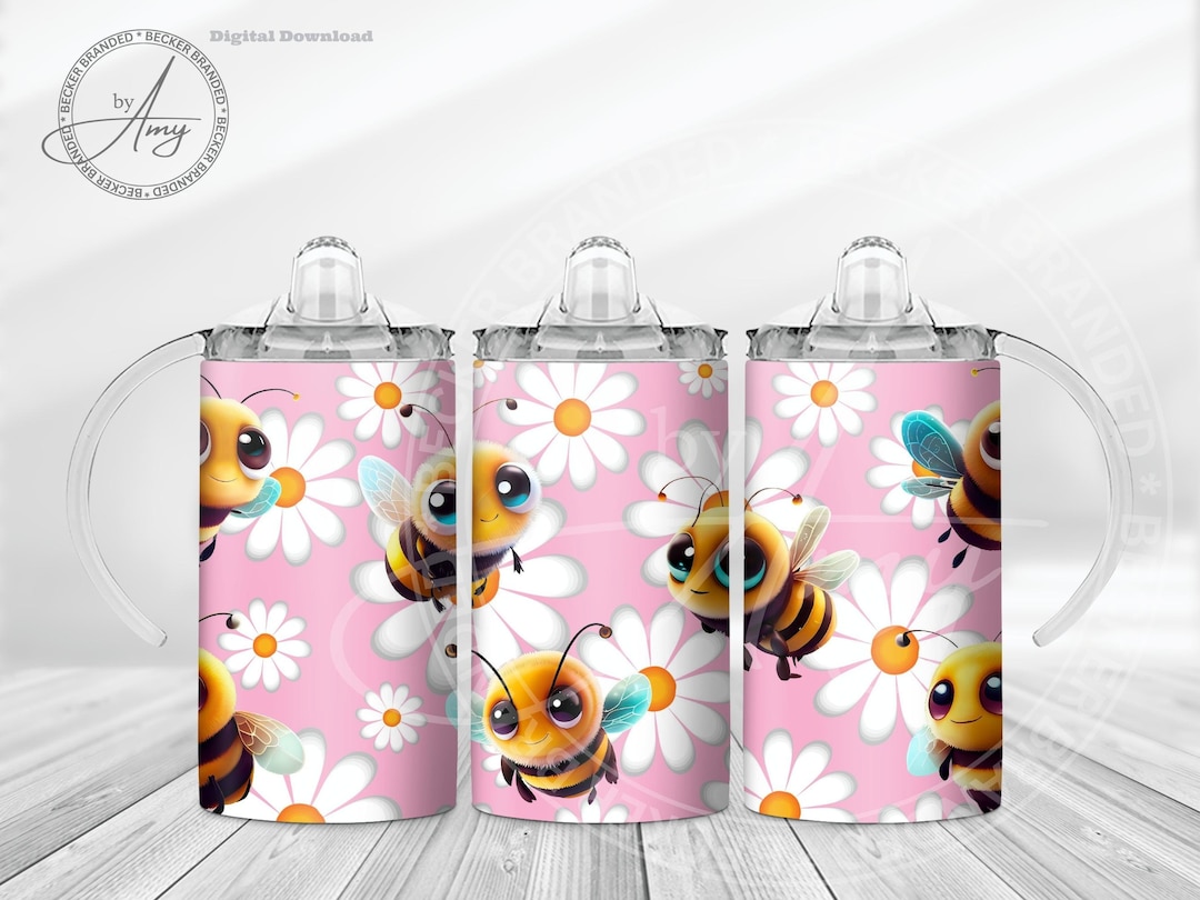 Kid's Bumble Bees & Daisies Pink 12oz Sippy Cup Sublimation Designs ...