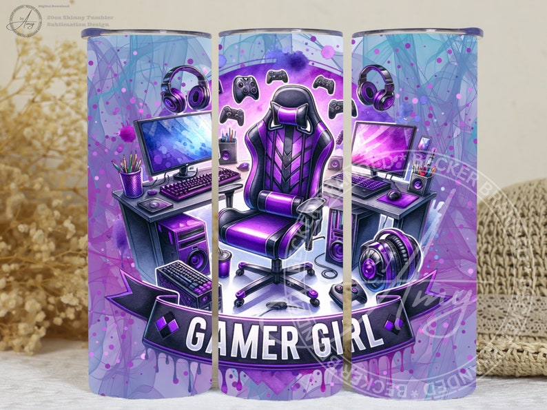 May include: A purple and black Gamer Girl tumbler featuring a gaming setup illustration. The design includes a gaming chair, computer, headphones, and the words "Gamer Girl" on a banner. The background has a watercolor effect.