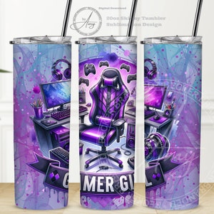 May include: A 20oz skinny tumbler featuring a gamer girl design. The tumbler showcases a purple and black gaming chair, computer setup, and the words "Gamer Girl" on a banner. The design includes headphones, controllers, and a watercolor background.