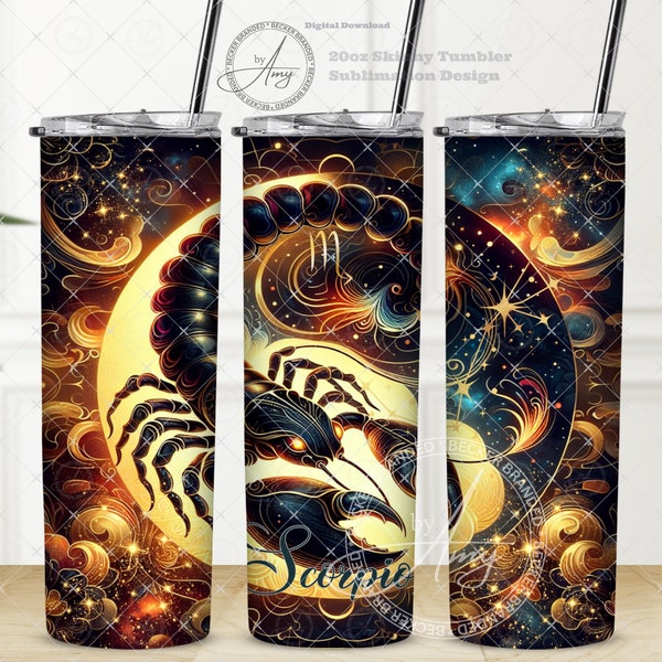 Scorpio Zodiac Signs Celestial 20oz Skinny Straight Tumbler Wrap, Astrology Sublimation Designs, Moon Phase Instant Digital Download PNG