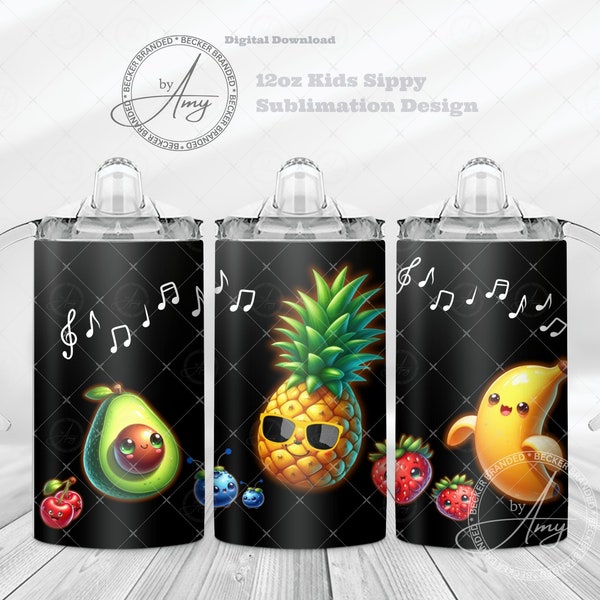 Kid's Fruit Dancing 12oz Sippy Cup Sublimation Designs Digital Download 12oz Tumbler Wrap PNG, Cute Sippy Cup Wrap, Kids Water Bottle