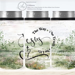Jesus Religious 16oz 4 in 1 Can Cooler & 12oz Slim Can Cooler Sublimation Design, Digital Download PNG Tumbler Wrap Can Holder, Two Sizes!