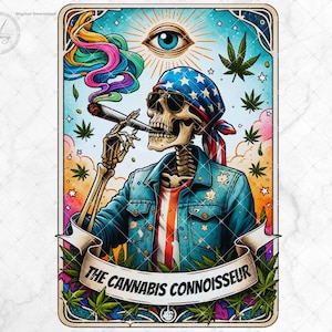 Die Cannabis Connoisseur Tarot-Karte PNG, sarkastisches Skelett-T-Shirt Sublimationsdesign, sofortiger digitaler Download, lustiges Skelett-Unkraut-T-Shirt
