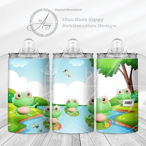 Kid&#39;s 3D Frog Family 12oz Sippy Cup Sublimation Designs Digital Download 12oz Tumbler Wrap PNG, Cute Sippy Cup Wrap, Kids Water Bottle