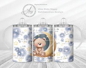 Kid's Love You To The Moon 12oz Sippy Cup Sublimation Designs Digital Download 12oz Tumbler Wrap PNG, Cute Sippy Cup Wrap, Kids Water Bottle