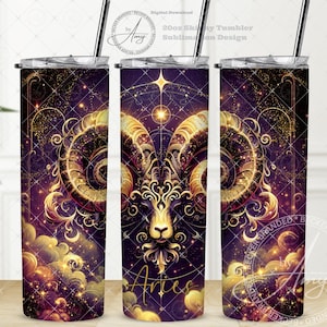 May include: A 20oz skinny tumbler sublimation design featuring a gold and purple illustration of the zodiac sign Aries. The design includes a ram's head with horns, stars, and a swirling pattern.