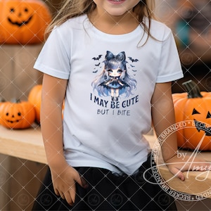 Kids Halloween Spooky Season Cute Vampire Shirt Sublimation Design Digital Download PNG File, I May Be Cute But I Bite, Tee Tote Mug Clipart