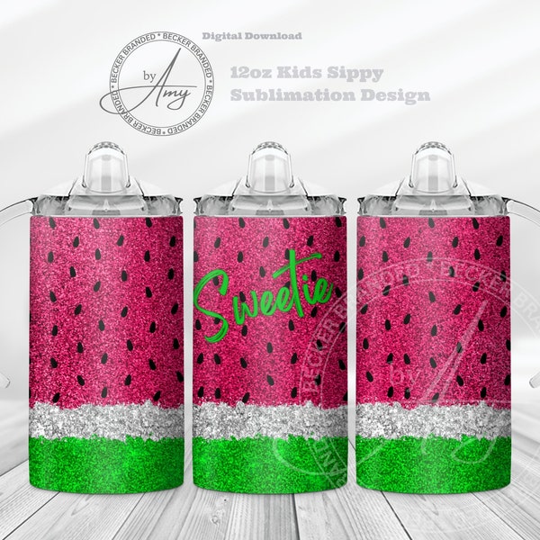 Kid's Watermelon Sweetie 12oz Skinny Straight Tumbler Sublimation Design, Digital Download PNG, Tumbler Wrap, Cute Sippy Cup, Water Bottle