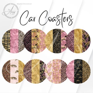 Pink Leopard Print Car Coaster Bundle, Sublimation Designs, Fichier numérique PNG, Téléchargement instantané, Graphique imprimable, Modèle PDF Car Coaster