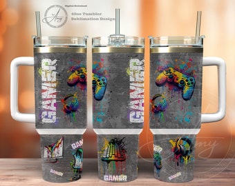 Gamer 40oz Tumbler Wrap Instant Digital Download Sublimation Designs PNG, 40oz Video Game Quencher Tumbler Wrap with Handle, Game Player PNG