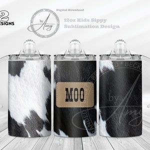 Kid&#39;s Cow Print Add Name 12oz Sippy Cup Sublimation Designs Digital Download Tumbler Wrap PNG Cute Cow Fur Sippy Cup Wrap, Kids Water Bottle