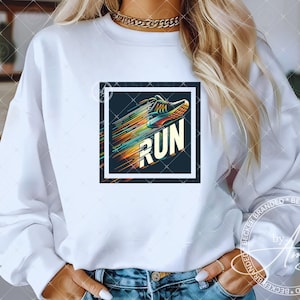 May include: White sweatshirt with a graphic of a running shoe and the word "RUN" in a colorful, stylized font.