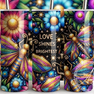 Love Shines Brightest Fireflies Seamless Tumbler Wrap 20oz PNG File Sublimacja Designs, Floral Inspirational Digital Download Water Bottle