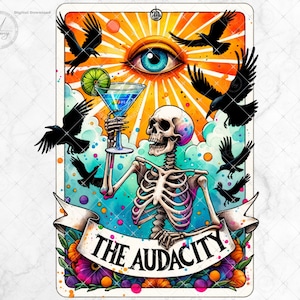La carta del tarot de Audacity PNG, diseño de sublimación de camiseta de esqueleto sarcástico, descarga digital instantánea de moda divertida, camiseta Skull Witchy Vibe