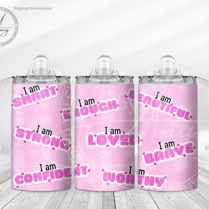 Affermazione positiva per bambini Pink 12oz Sippy Cup Sublimation Designs Download digitale Tumbler Wrap PNG, Cute Sippy Cup Wrap, Kids Water Bottle