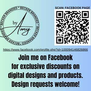 May include: A black and white QR code with the text "SCAN: FACEBOOK PAGE" above it. Below the QR code is a link to a Facebook page and the text "Join me on Facebook for exclusive discounts on digital designs and products. Design requests welcome!"