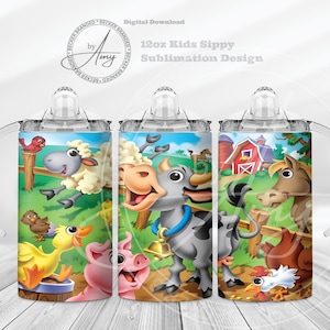 Kid&#39;s Farm Animals 12oz Skinny Straight Tumbler Sublimation Designs Digital Download Tumbler Wrap PNG JPG Cute Sippy Cup, Kids Water Bottle