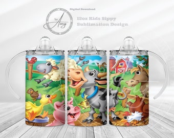 Kid's Farm Animals 12oz Skinny Straight Tumbler Sublimation Designs Digital Download Tumbler Wrap PNG JPG Cute Sippy Cup, Kids Water Bottle