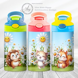 Kid&#39;s Animals and Daisies 12oz Sippy Cup Sublimation Designs Digital Download 12oz Tumbler Wrap PNG, Cute Sippy Cup Wrap, Kids Water Bottle