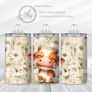 Kid's Cow 12oz Skinny Straight Tumbler Sublimation Designs Instant Digital Download PNG, Daisy Tumbler Wrap Cute Sippy Cup Kids Water Bottle