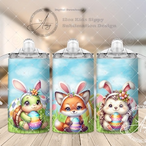 May include: Three 12-ounce kids' sippy cups with sublimation designs featuring cartoon animals wearing bunny ears and holding Easter eggs. The designs include a turtle, a fox, and a hedgehog.