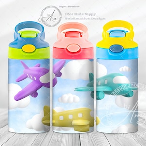 Kid&#39;s 3D Airplanes 12oz Sippy Cup Sublimation Designs Digital Download 12oz Tumbler Wrap, PNG, Flip Top Tumbler Wrap, Kids Water Bottle