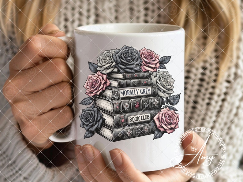 May include: White ceramic mug with a black and white illustration of a stack of books with roses. The books have the text "Morally Grey" and "Book Club".