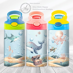 Kid's Unter The Sea 12 Unzen Sippy Cup Sublimationsentwürfe, digitaler Download 12 Unzen Tumbler Wrap PNG, niedliche Sippy Cup Wrap, Kinder Wasserflasche